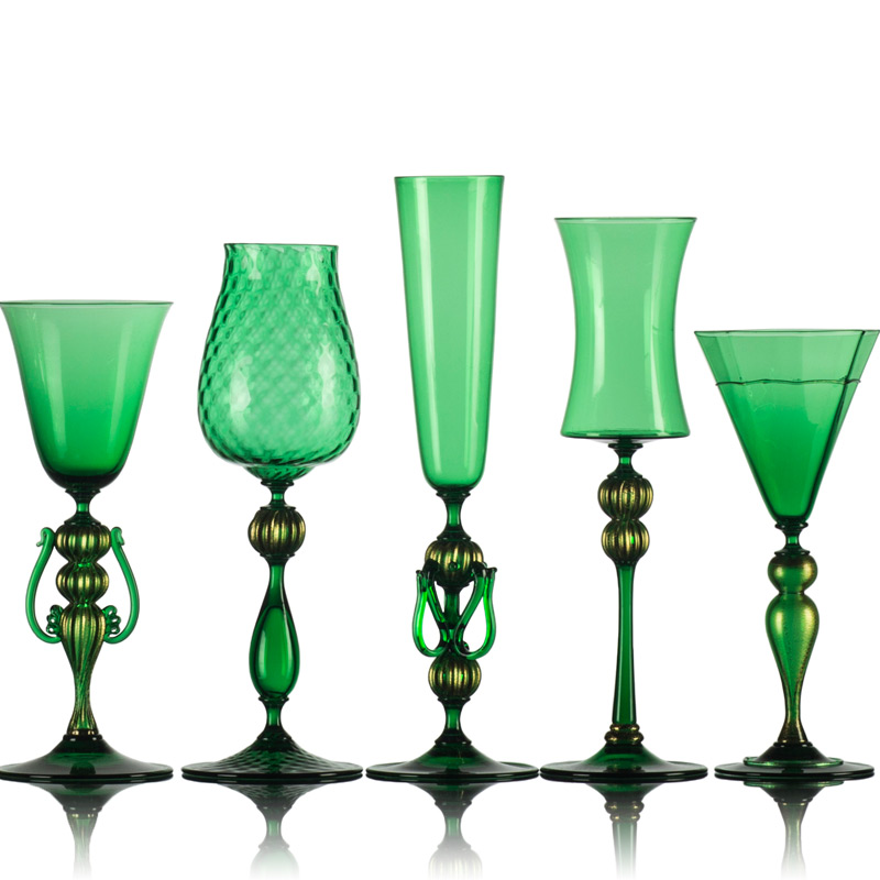 Contemporary Handblown Glass Goblets in Emerald Green