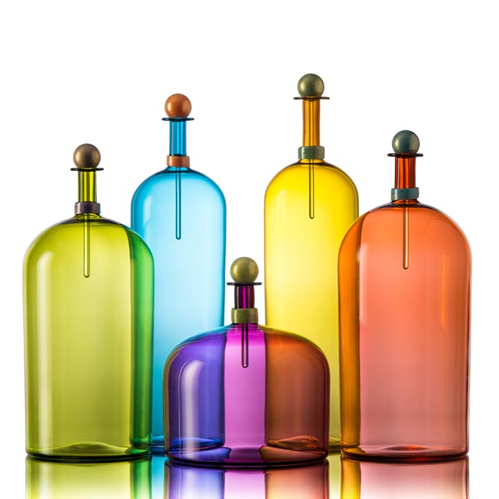 handblown bottles in bright colors