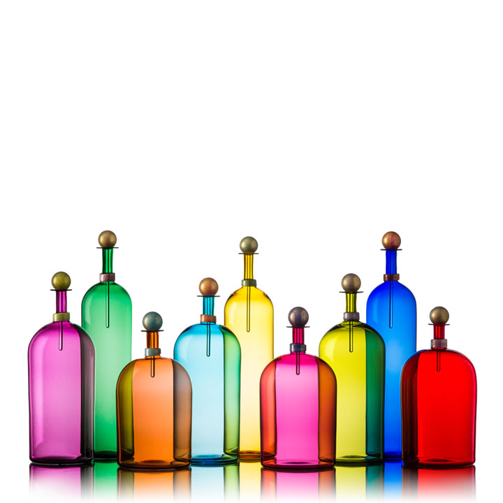 Image bright colorful handblown glass bottles