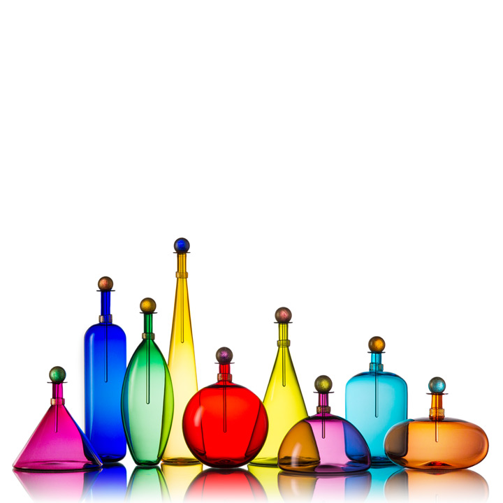image colorful rainbow of handblown glass bottles