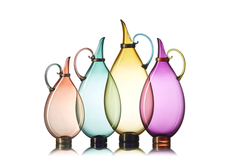 Handblown glass flat decanters in jewel tones by Vetro Vero