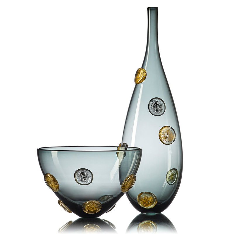 Handblown grey glass statement vessels with metallic details by Vetro Vero
